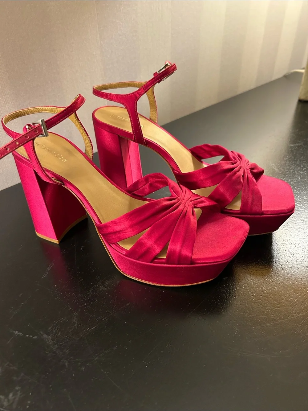 Reformation Monetta Women's Satin Platform Sandal  in Magenta Pink